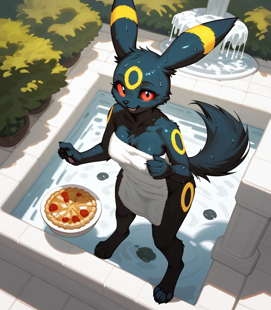 alone, score_9,score_8_above,score_7_above, fountain_furry, an Anthro furry umbreon girl, black sclera, white eyes, Tall and thin body, perfect body, naked, with a towel, calvo, pies, legs, 4 toes, black paw pads, in the shower, smiling