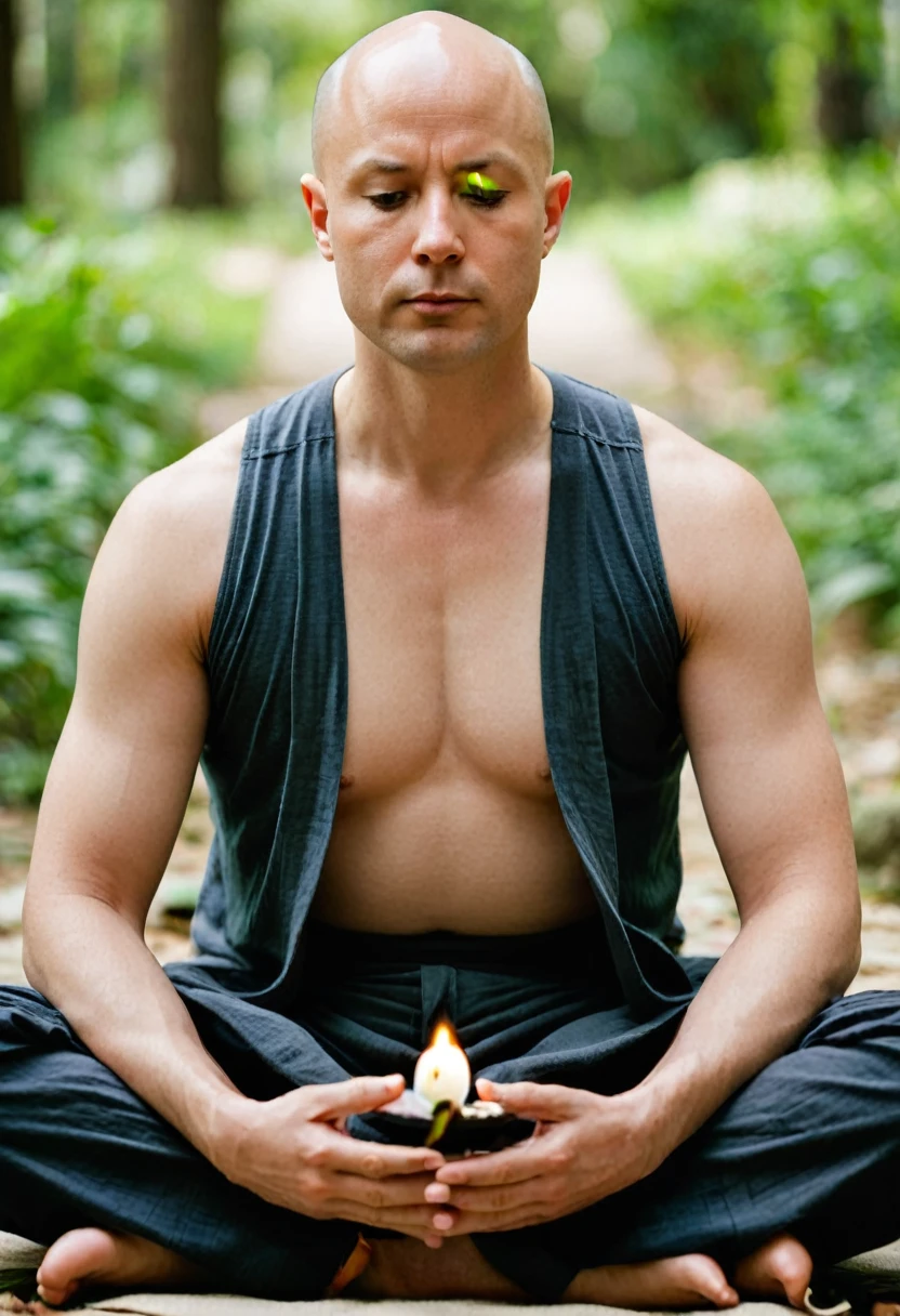 A realistic photograph of a 30-year-old bald man meditating