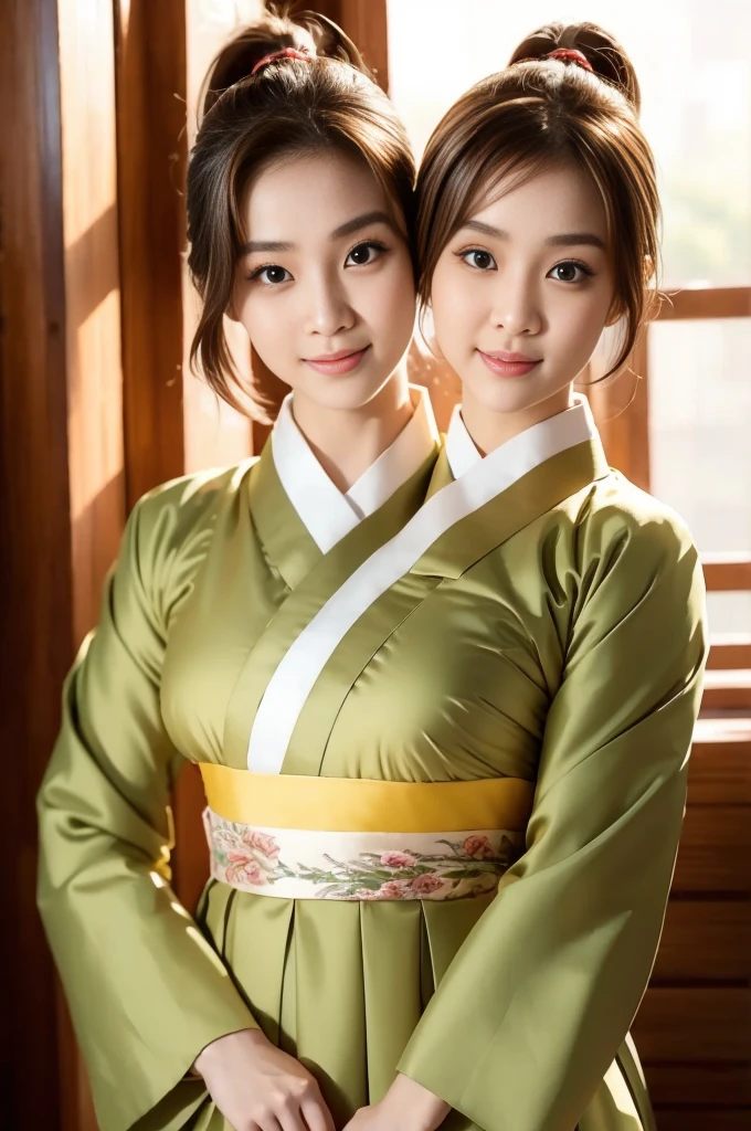 best resolution, 2heads, korean woman with two heads , brown hair, blonde, pixie cut and ponytail, different faces, hanbok, indoor background