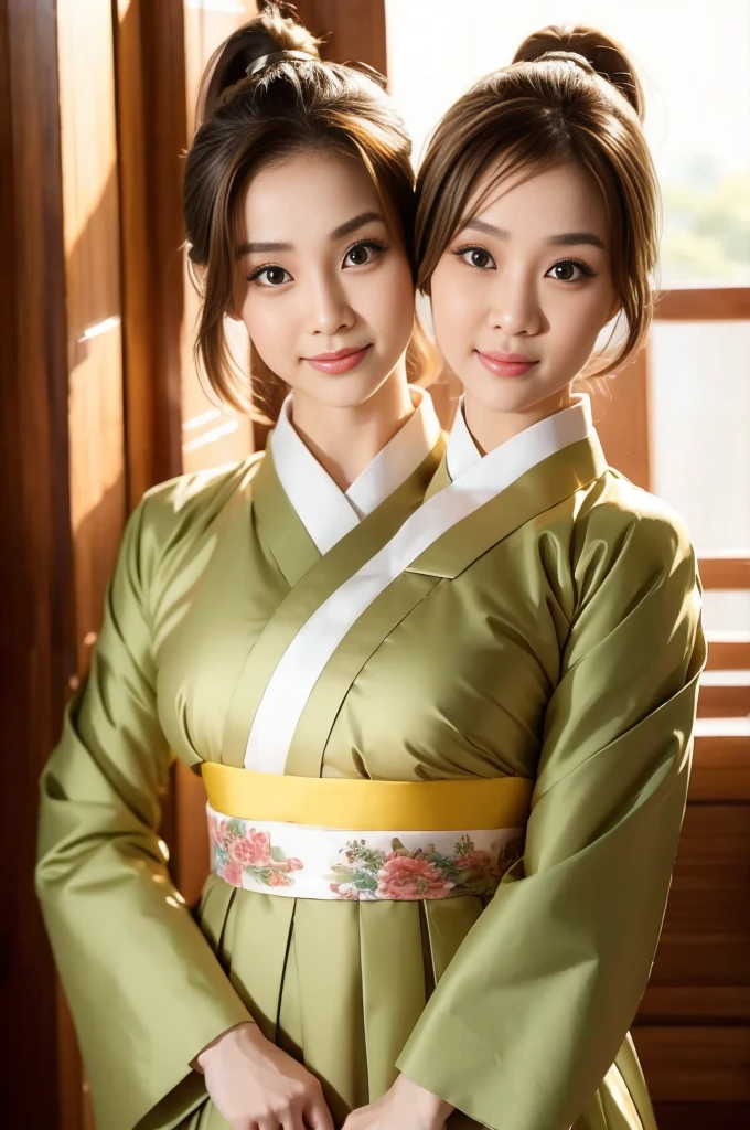 best resolution, 2heads, korean woman with two heads , brown hair, blonde, pixie cut and ponytail, different faces, hanbok, indoor background