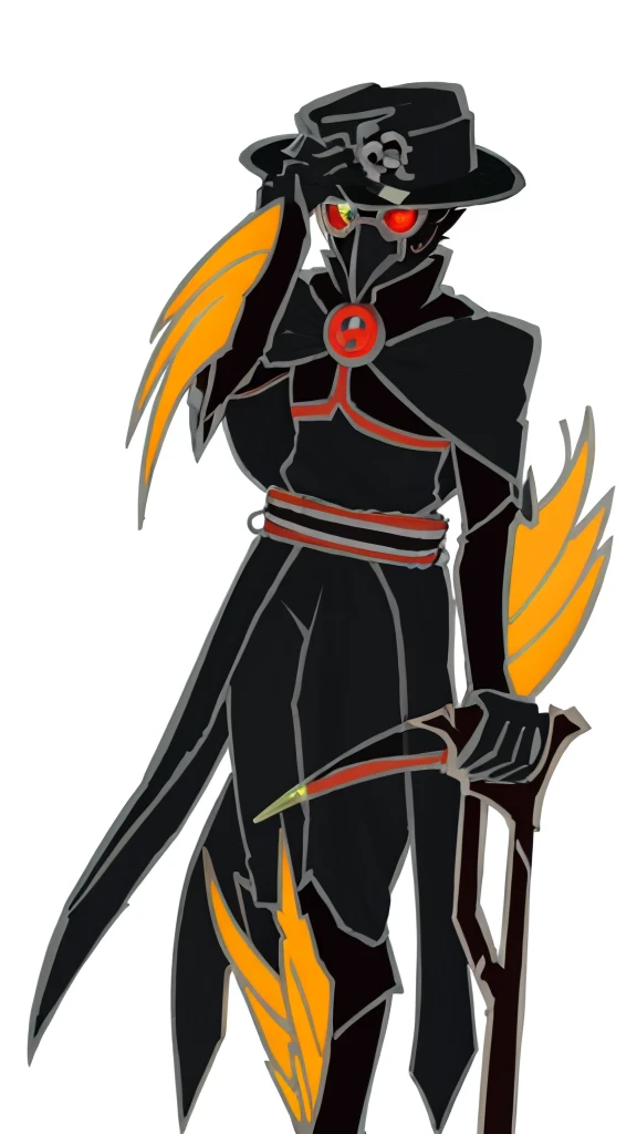 Man with crow mask,Man with a bowler hat,One hand holding the hat,Black shawl,Turtleneck shirt,Skirt,Robe hem,Pestle on crutches,Walking stick,Luminous glasses,Compound eyes,Luminous glasses,Plague doctor mask,Beak mask