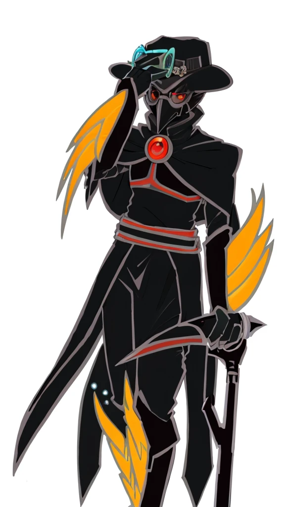 Man with crow mask,Man with a bowler hat,One hand holding the hat,Black shawl,Turtleneck shirt,Skirt,Robe hem,Pestle on crutches,Walking stick,Luminous glasses,Compound eyes,Luminous glasses,Plague doctor mask,Beak mask