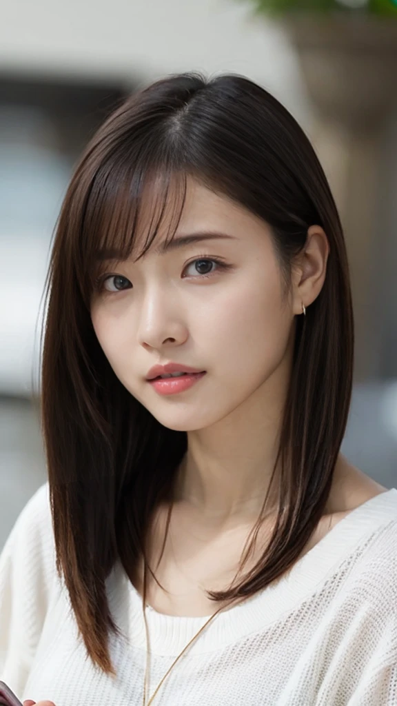 ((Beautiful girl holding a mobile phone in her hand)) 4K 8K:: Realistic::4. cyberpunk::1 --v 4 --Quality 2、Various Hair Styles、Berry Short、Somewhat petite woman