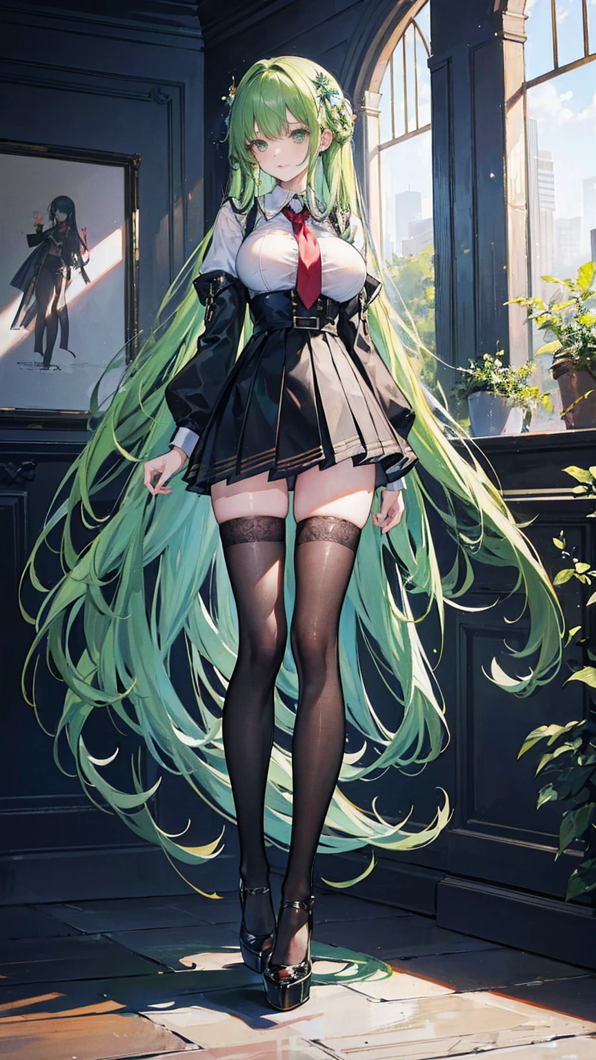 (masterpiece, top quality, best quality, official art, beautiful and aesthetic:1.0), (8k, best quality, masterpiece:1.2), very long hair,(full body:1.3), (large breasts:1.4), very long hair, high heels, black thighhighs, micro skirt, green hair, tall girl, school girl uniform ,