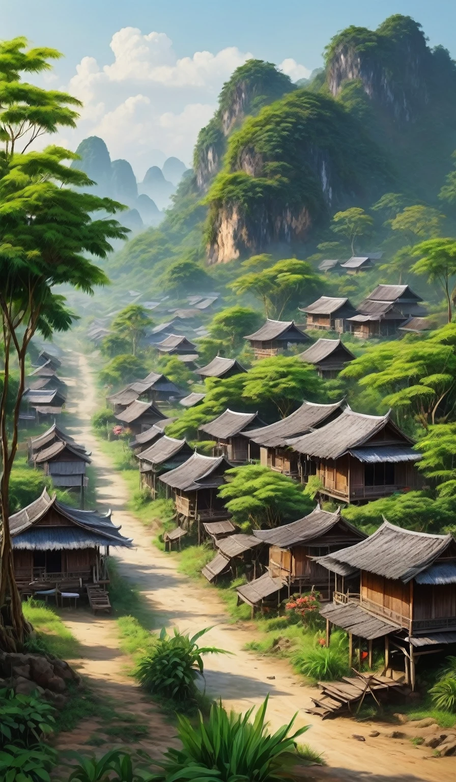 A small Thai-style village, a village in the countryside, realistic paintings, high quality.