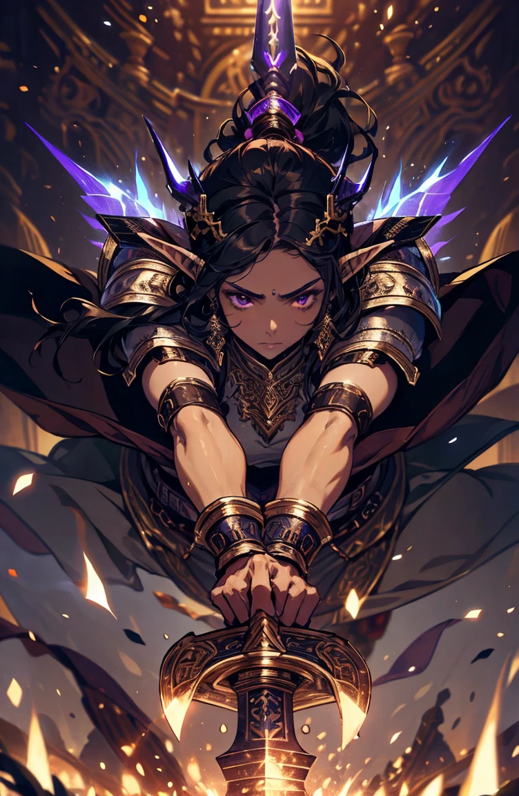 brown skin, older woman, sexy, tall, brown skin, one wing, black hair, elf, elf ears, horns, sleeveless, warrior, sword, purple, dramatic composition