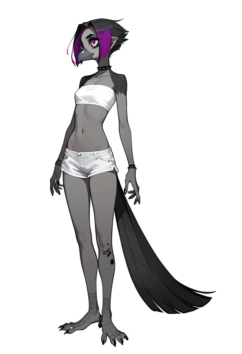 Score_9, score_8_up, score_7_up, flat colors, an Anthropomorphic avian crow girl, female, small grey beak, tall and slender, small crow tail, grey body, standing, white background, purple eyes, short black emo hair, hands with five fingers, wearing white bandeau, white short shorts, full body shot, plantigrade bird feet with three toes,