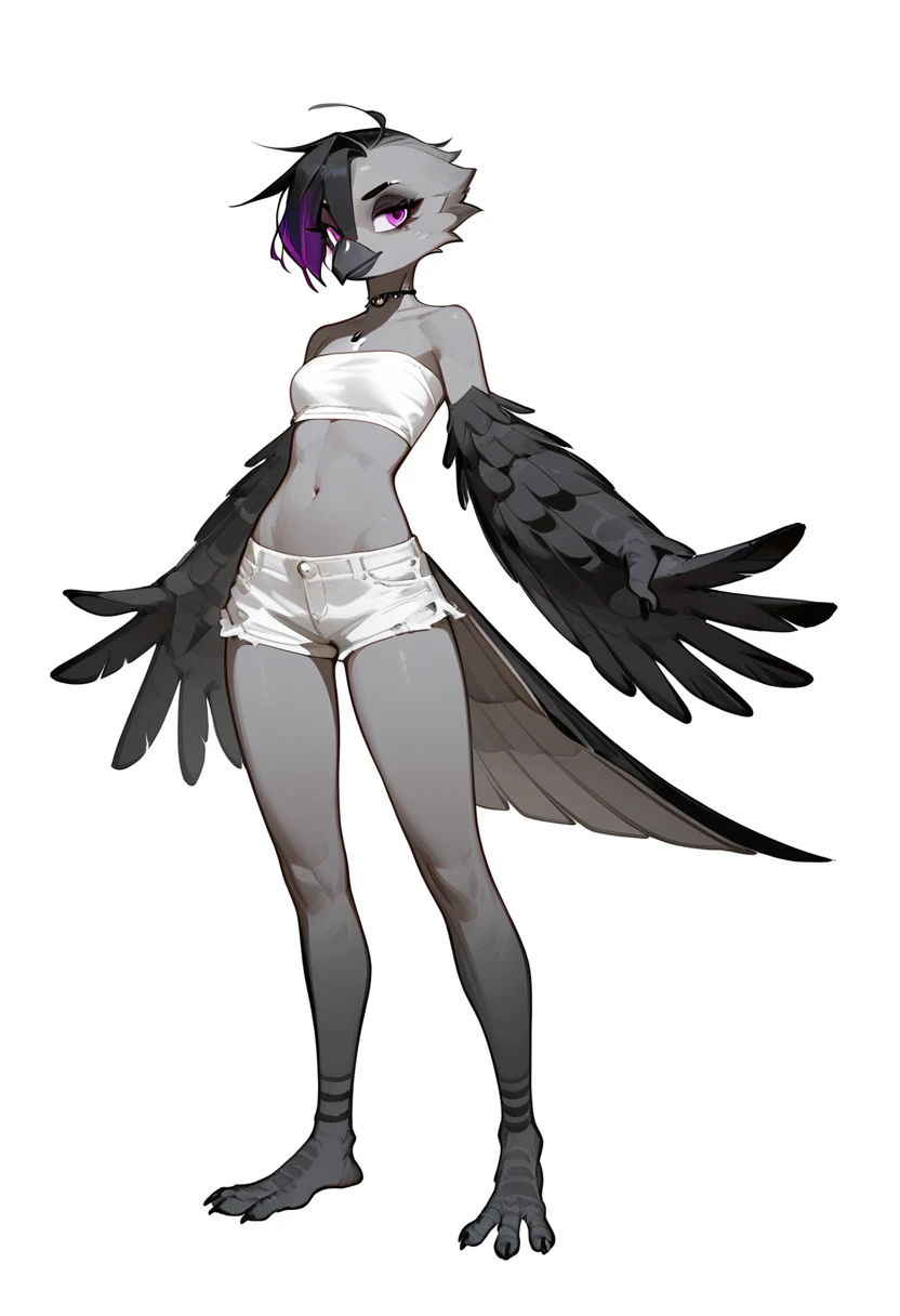 Score_9, score_8_up, score_7_up, flat colors, an Anthropomorphic avian crow girl, female, small grey beak, tall and slender, small crow tail, grey body, standing, white background, purple eyes, short black emo hair, hands with five fingers, wearing white bandeau, white short shorts, full body shot, plantigrade bird feet with three toes,