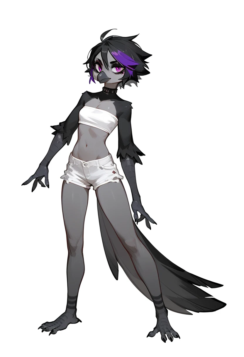 Score_9, score_8_up, score_7_up, flat colors,  an Anthropomorphic avian crow girl, female, small grey beak, tall and slender, small crow tail, grey body, standing, white background, purple eyes, short black emo hair, hands with five fingers, wearing white bandeau, white short shorts, full body shot, plantigrade bird feet with three toes,