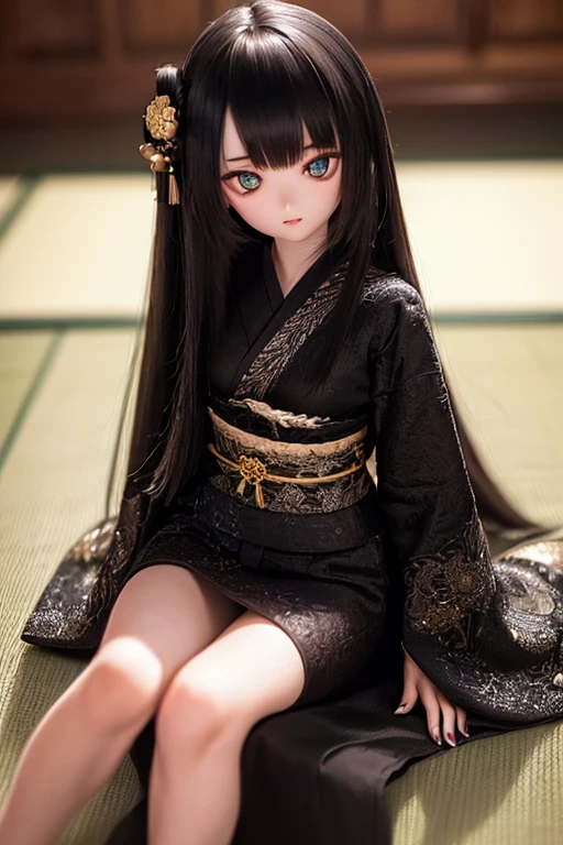 photorealistic, realistic photo, ((highest quality)), ((masterpiece)), (extremely detailed), kukolnydom, doll, (mature woman, 22yo, 22 years old:1.6), solo, ((sitting on tatami, black kimono, skinny, slender, slim, parted lips, tabi)), green eyes, (black hair, long hair, looking down, blank eyes, empty eyes, detailed eyes, detailed face:1.3), obi, hair ornament, Japanese room, 8k