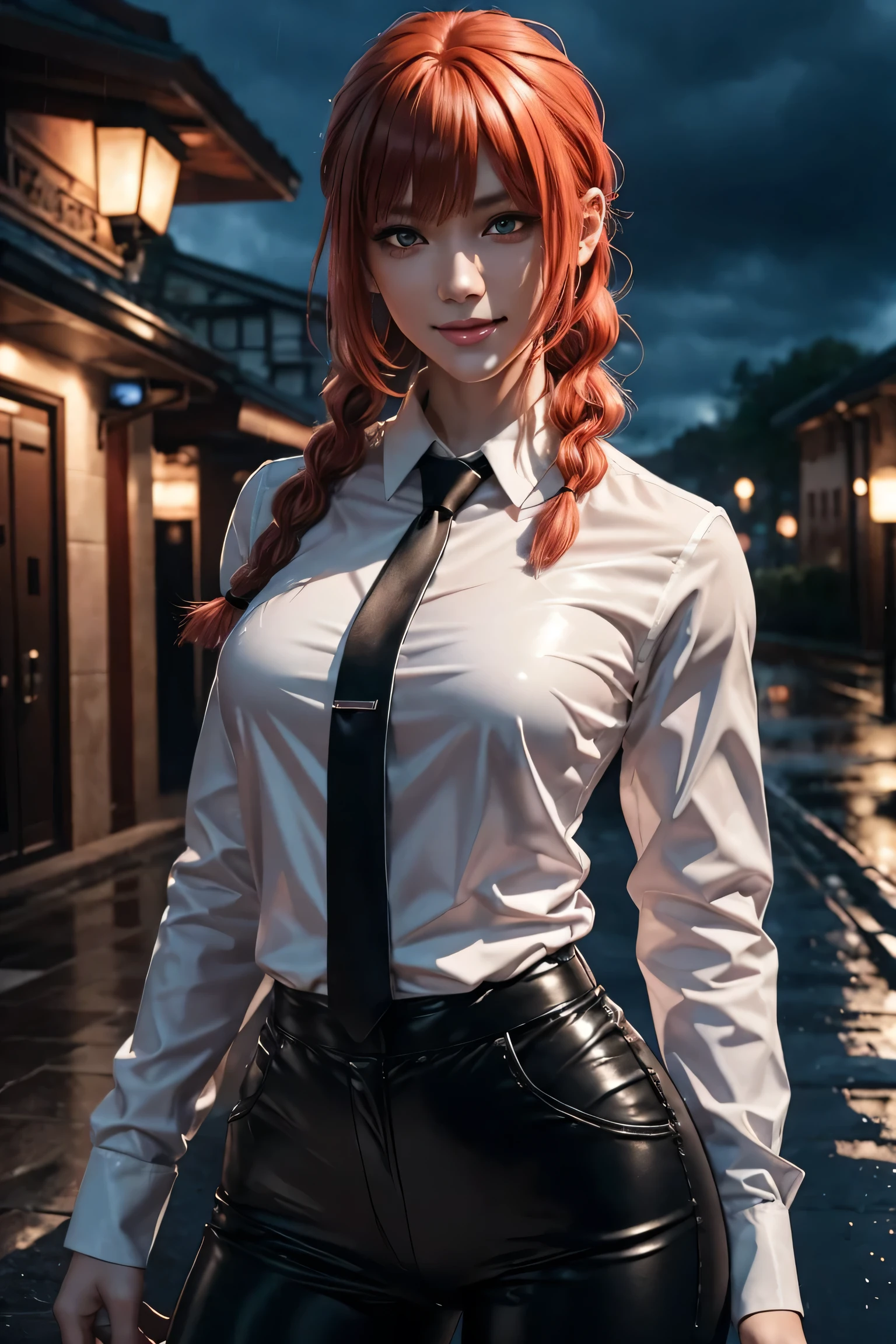 Chainsaw Man,Makima,With bangs,Red Hair,Braids at the back,Golden Eyes,White long sleeve shirt,Black tie,Black Leather Pants,Ultra HD,super high quality,masterpiece,Digital SLR,Photorealistic,Detailed details,Vivid details,Depicted in detail,A detailed face,Detailed details,Super Detail,Realistic skin texture,Anatomical basis,Perfect Anatomy,Anatomically correct hand,Anatomically correct fingers,Complex 3D rendering,Sexy pose,Rainy Sky,Beautiful scenery,Fantastic rainy sky,Picturesque,Pink Lips,smile,