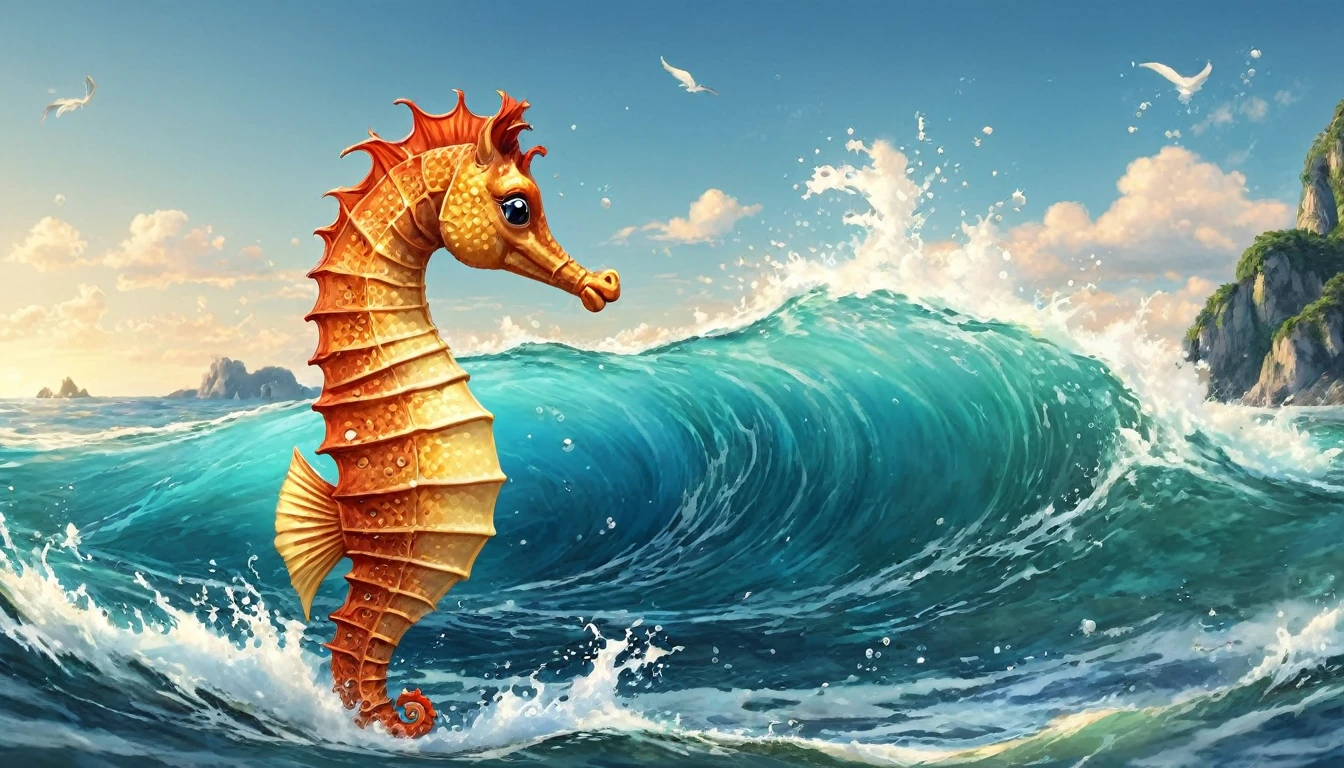 ??插画Seahorse，可爱Seahorse，Seahorse，Ocean background，masterpiece，（Highly detailed CG Unity 8k wallpaper），（Best quality），（Best Illustration Award），背景是Ocean Theme，融入Natural Elements，（Natural Elements），（Ocean Theme），可爱的Seahorse插画
