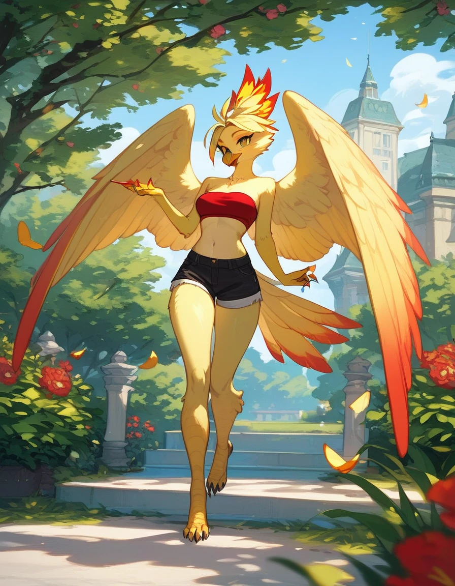 score_9, score_8_up, score_7_up, an Anthro phoenix girl, avian female, red and yellow body, spikey yellow hair, wearing elegant Haori, red bandeau, black short shorts, barefoot, standing, closed wings, yellow eyes, outdoors, at a park, seductive