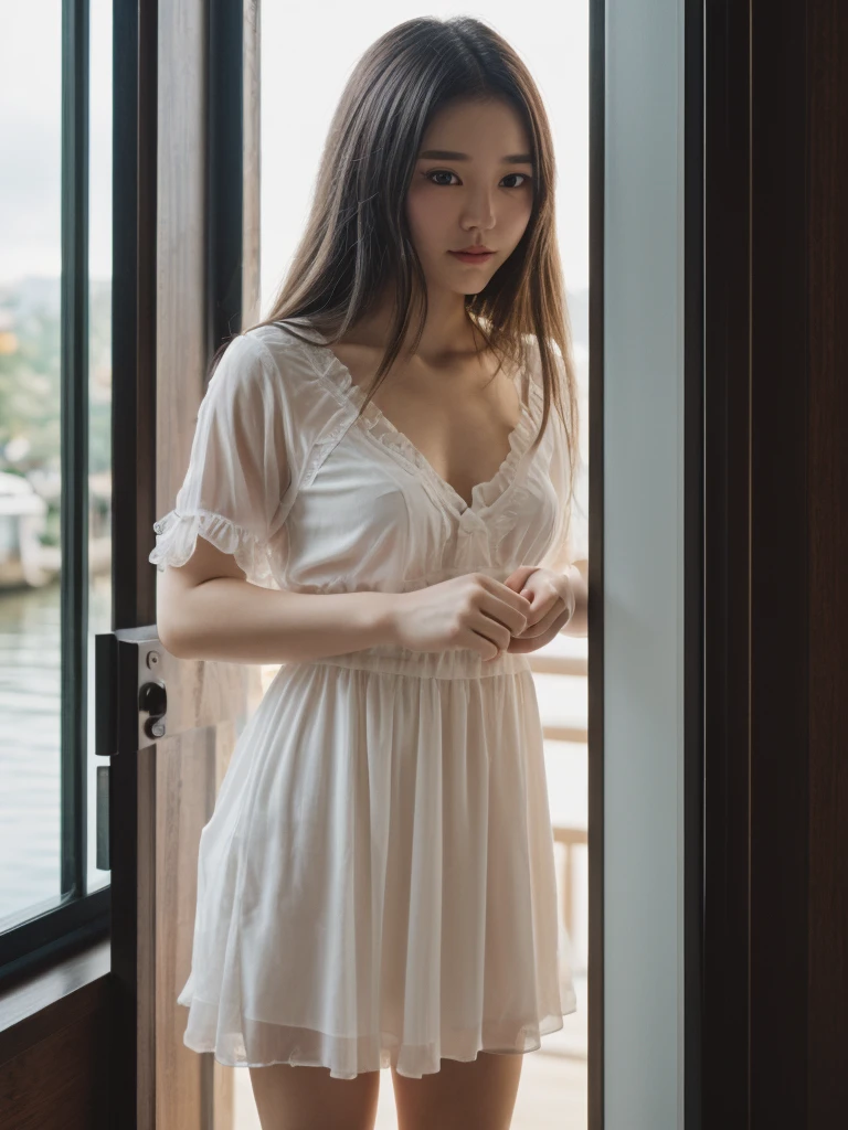(masterpiece, UHD, 8k, best quality:1.2), solo, 1girl, (photorealistic:1.2), (RAW photo), (ultimate-realistic, ultimate-realistic details, ultimate-realistic texture, ultimate-intricate details, ultimate-realistic lighting, ultimate-realistic shadow, japanese girl, age 24 years old, ultimate-cute face, ultimate-RAW skin, ultimate-eyes, (((full body))), in a white dress next to a night of chaophraya riverside, dewy face, sunrays shine upon it, crisp detailing, no haze, modern dress, tropical, contax tix, cabincore, 8K, intricate, blue eyes ,silhouette, light shadow, film grain, Hasselblad X2D 100C + XCD 2,5/25V, F/1.8, (cinematic still:1.2), 35mm photograph, film, bokeh, professional, 4k, highly detailed, perfect fingers ,Extremely Realistic,