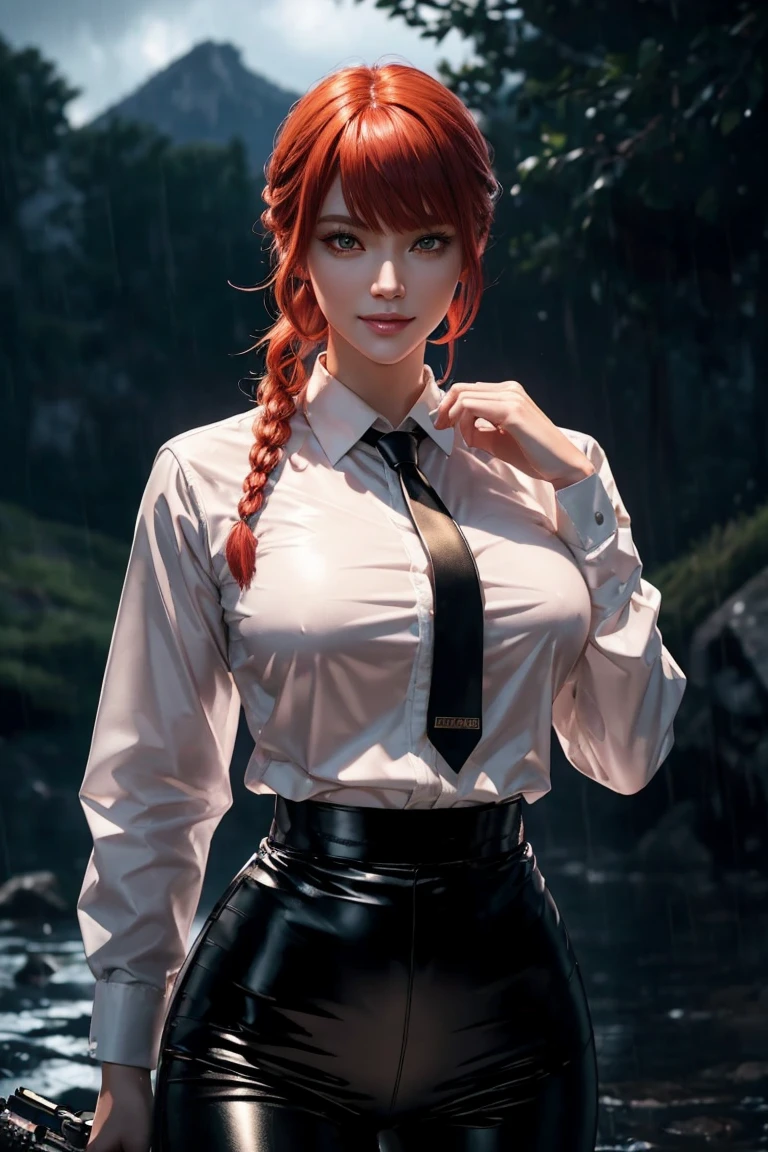 Chainsaw Man,Makima,With bangs,Red Hair,Braids at the back,Golden Eyes,White long sleeve shirt,Black tie,Black Leather Pants,Ultra HD,super high quality,masterpiece,Digital SLR,Photorealistic,Detailed details,Vivid details,Depicted in detail,A detailed face,Detailed details,Super Detail,Realistic skin texture,Anatomical basis,Perfect Anatomy,Anatomically correct hand,Anatomically correct fingers,Complex 3D rendering,Sexy pose,Rainy Sky,Beautiful scenery,Fantastic rainy sky,Picturesque,Pink Lips,smile,