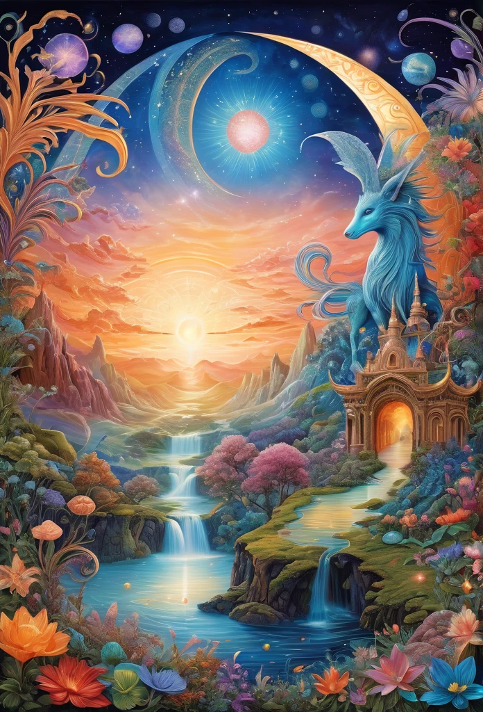 (masterpiece, highest quality:1.2), Magical creatures from far away Venus, Zentul, Intricate details, Cosmic Energy, Dreamy landscape