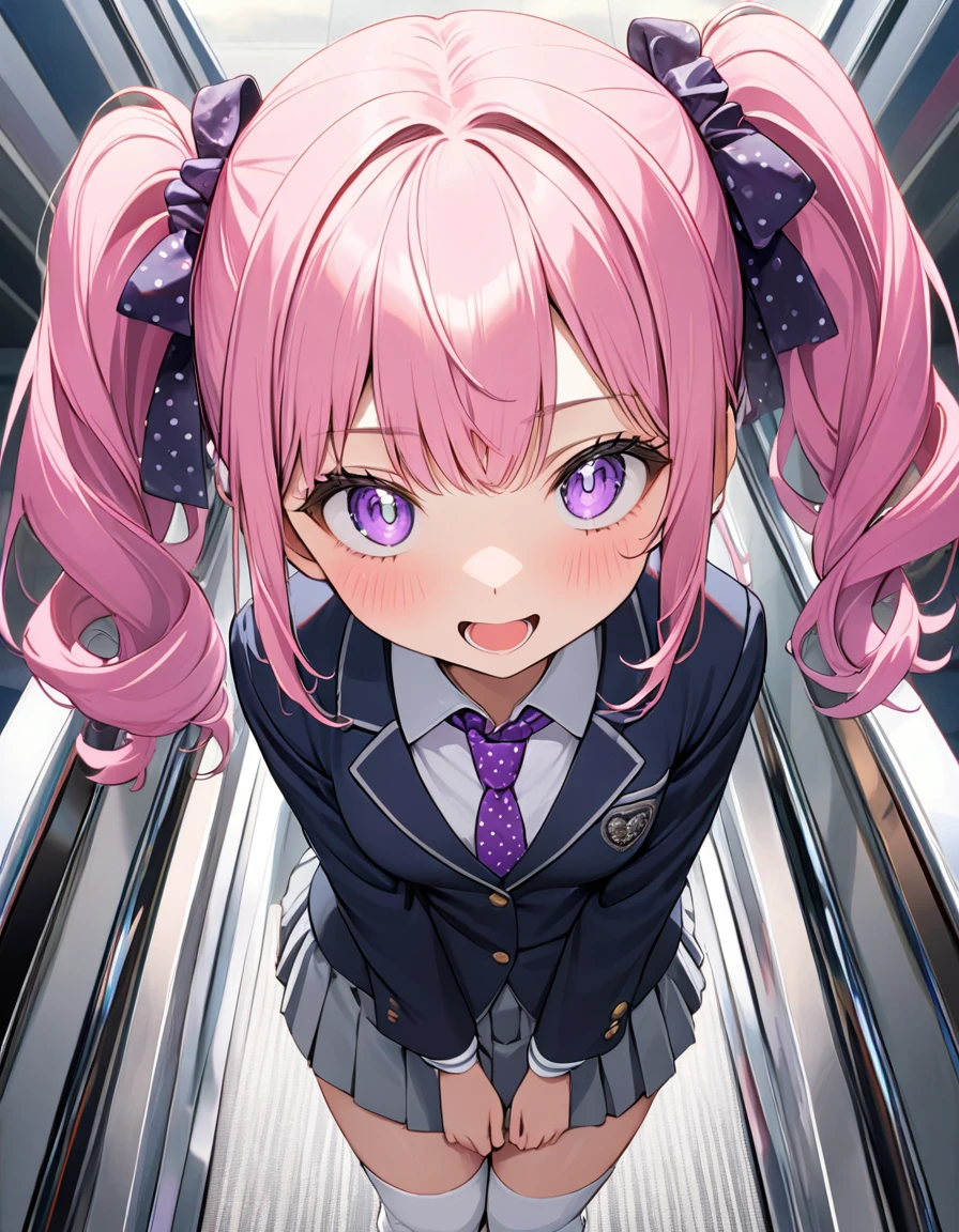 (8K, best quality, master piece: 1.2), super high resolution,1 girl,16yo,solo,1ultra-detailed face,detailed eyes,sparkling pupils,Mascara,Bubblegum Pink hair,natural wave hair,twintails,amethyst Eyes,(scrunchie,, blazer,Short pleated skirt),(gray:1.5),polka-dot pattern Ribbon tie,((white loose socks)),happy,open mouth,medium breasts,double peace,??ライト,standing on a down escalator,Look at Viewer,ディスカウントショップの中