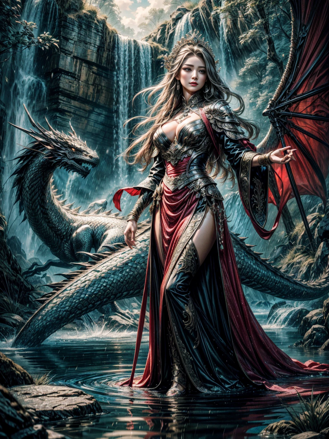 a beautiful lady standing gracefully in front of a majestic dragon, water pouring around them, gongbi style painting, mysterious and dreamlike backdrops, unreal engine 5, smooth and curved lines, photo-realistic, 1girl,detailed face, beautiful detailed eyes,beautiful detailed lips,extremely detailed face, longeyelashes, flowing dress, serene expression, dramatic lighting, intricate details, vibrant colors, cinematic composition, 8k, highres, masterpiece, ultra-detailed, realistic, photorealistic