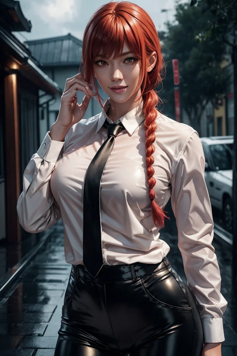 Chainsaw Man,Makima,With bangs,Red Hair,Braids at the back,Golden Eyes,White long sleeve shirt,Black tie,Black Leather Pants,Ultra HD,super high quality,masterpiece,Digital SLR,Photorealistic,Detailed details,Vivid details,Depicted in detail,A detailed face,Detailed details,Super Detail,Realistic skin texture,Anatomical basis,Perfect Anatomy,Anatomically correct hand,Anatomically correct fingers,Complex 3D rendering,Sexy pose,Rainy Sky,Beautiful scenery,Fantastic rainy sky,Picturesque,Pink Lips,smile,