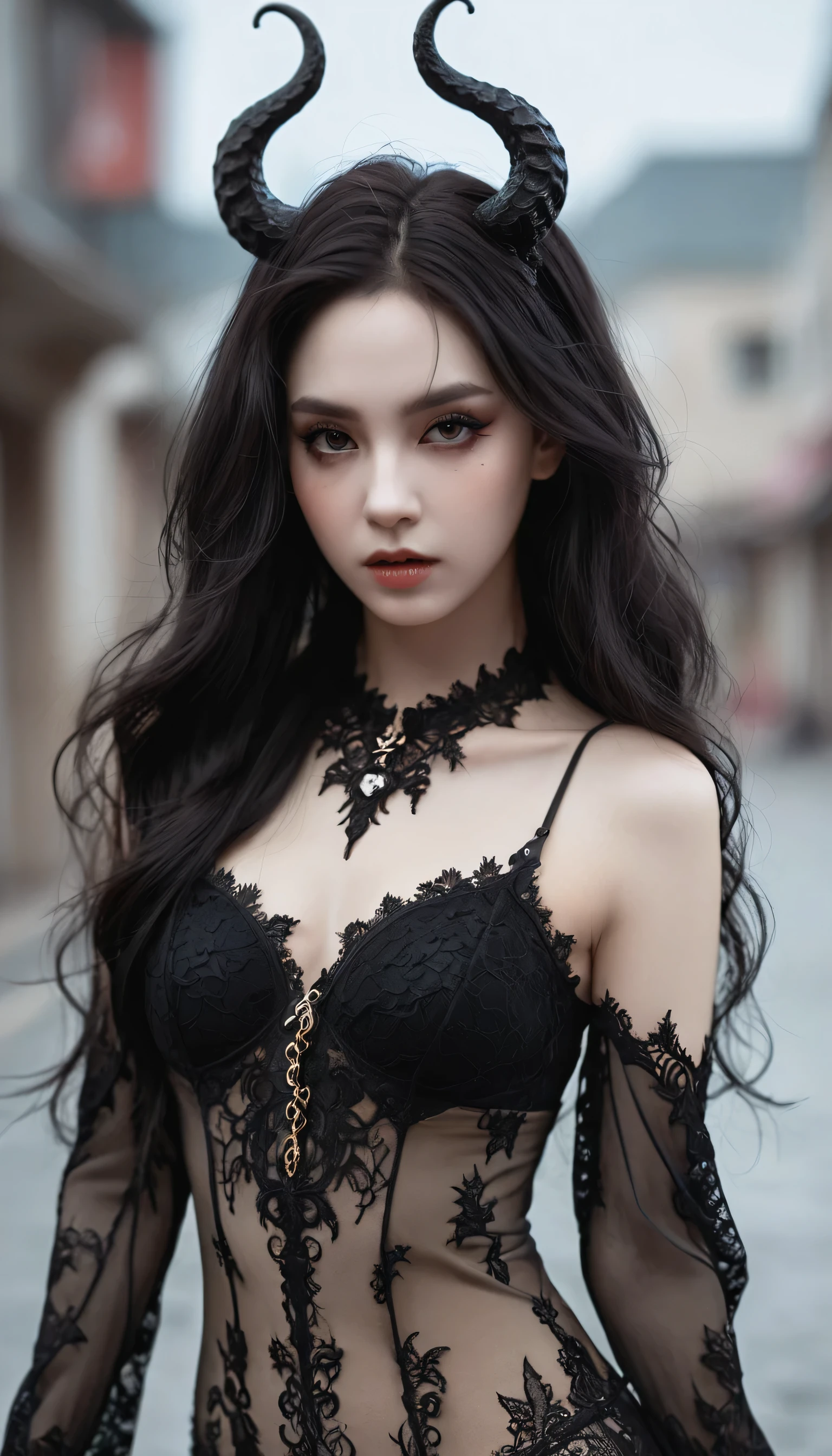 ((Intricate details)),Dark Fantasy (/style/), GLOOMY AMBIANCE, (Beautiful succubus girl, Long hair), (Sexy black lace outfit), (Expression) , Soft colors, Clear focus, Movie, (Walking posture, Dynamic poses), Popular on ArtStation, (Ed Blinky&#39;s magnificent paintings, Artie Guerin, author：Jeremy Mann, Greg Manches),Not suitable for working hours,style of ohwx, (Beautiful symmetrical puffy eyes)