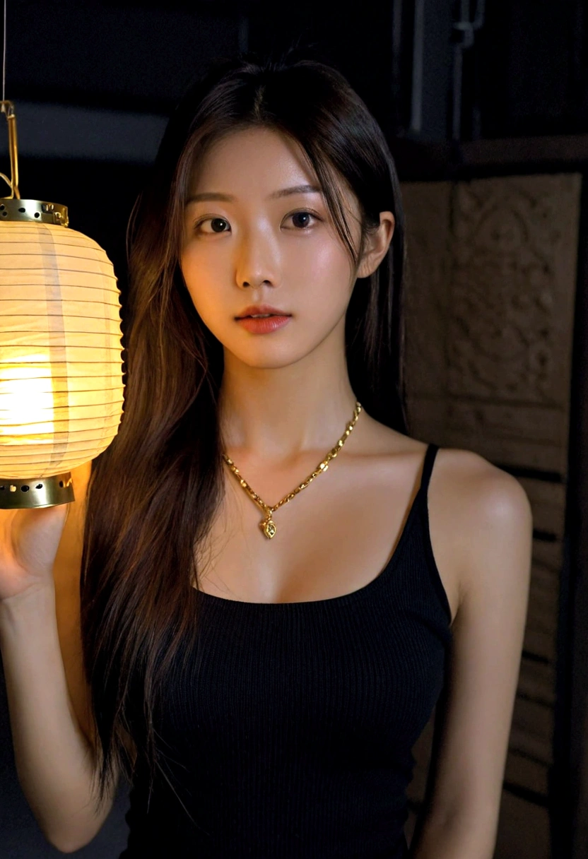 extreme close-up of beautiful Korean female, 38 inch breasts size, wearing black tank top, necklace , holding lantern, in the darkness room, UHD