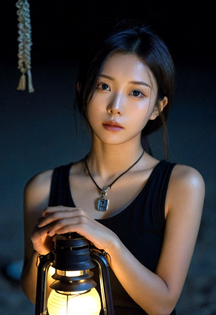 extreme close-up of beautiful Korean female, 38 inch breasts size,  wearing black tank top, necklace , holding lantern, in the darkness room, UHD 