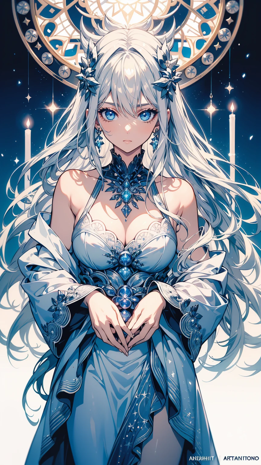 (masterpiece),((Highly detailed long silver hair)),((expressive blue eyes)),(Highly detailed white dress),deep cleavage,serious expression,extremely beautiful mature woman, milf,pale white skin,silver jewelry,best quality,cel shading,etherial light,8K HD,highly detaild face, highly detaild eyes,flat color,(fullbody angle),high contrast,ufotable art style,contrapposto,white background