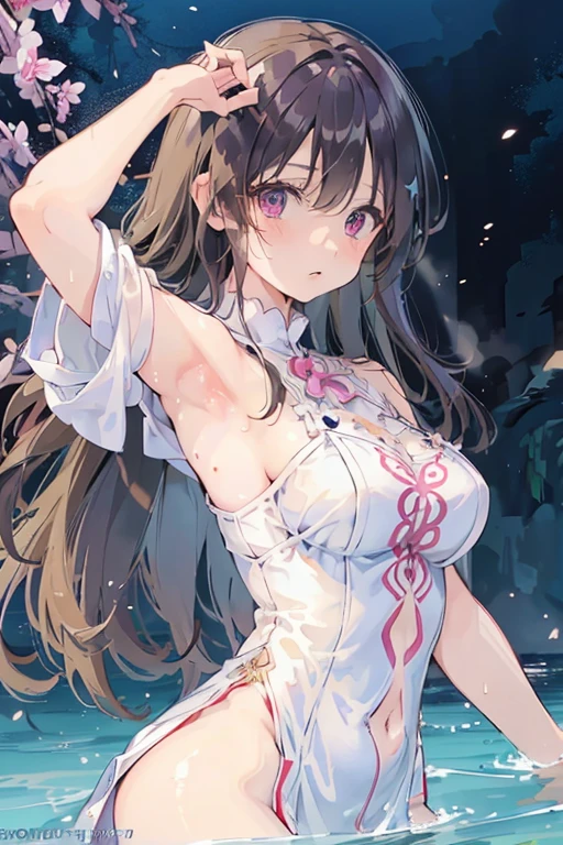 Anime girl with long hair and blue eyes bathing, ArtStation Pixivでトレンド, Purple eyes, beautiful (Fine grain, Detailed face,) ,No watermark,Showing armpits,Large bust、Embarrassed、Raising left hand、Clothes that show the navel、Panties in full view