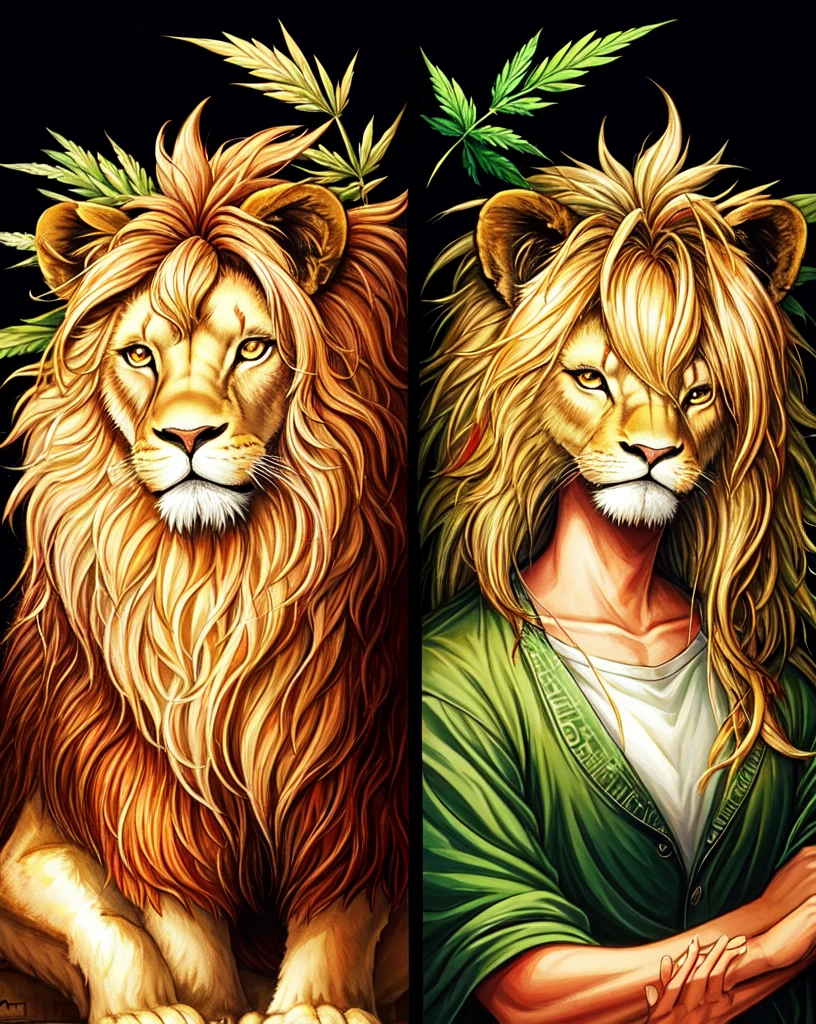 A painting of a smiling lion, swapping its mane for cannabis sativa leaves on a black background