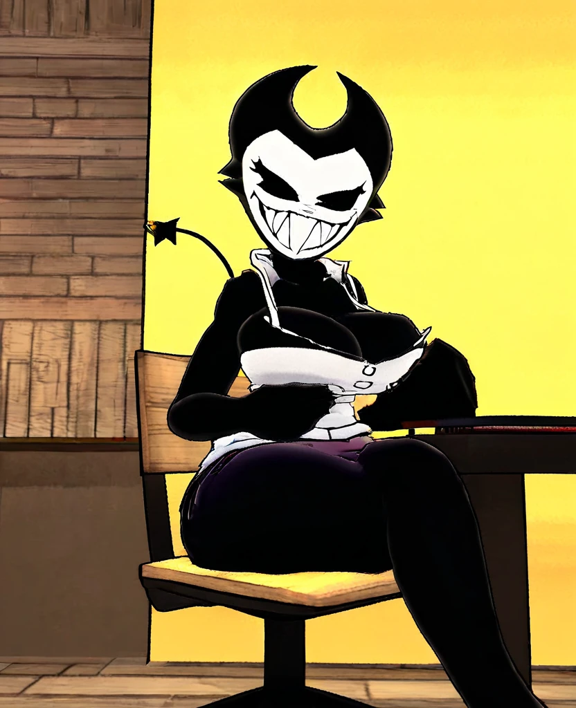 (best quality, masterpiece1.2), 1girl, solo, antro, cally3d, (black body), ink black body, at a coffee shop, sitting at computer, side view, in chair, facing computer, (ink darling), black hair, horns, black horns, sharp teeth, tank top, (jean shorts), woman, black eyes, (no pupils), white face, sexy, detailed, extreme detail, perfect lighting, 4k, closed mouth, devil tail, surprised expression,