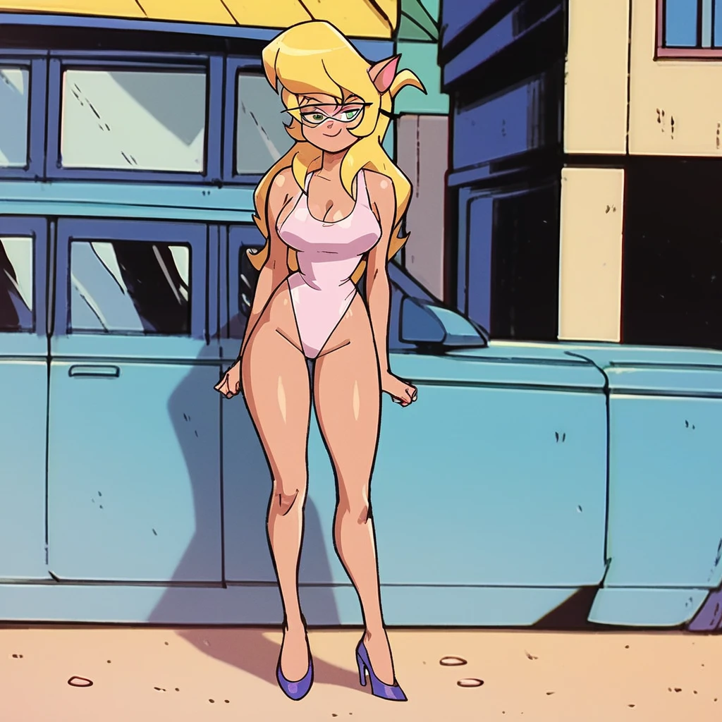 Callie briggs, 1girl solo, outdoors, beachfront, looking at viewer, front view, standing, pirouette, legs, light pink one-piece swimsuit, thicc thighs,
