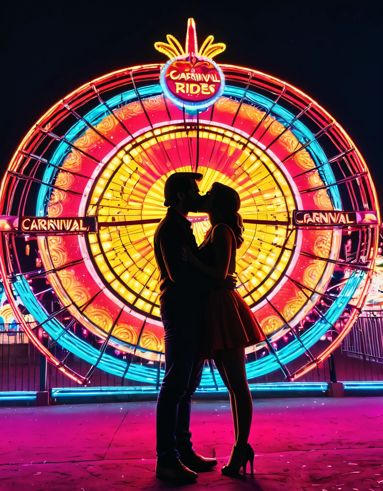 A colorful neon art piece featuring the silhouette of a couple kissing at a carnival with neon lights and rides in the background, capturing a fun and romantic atmosphere