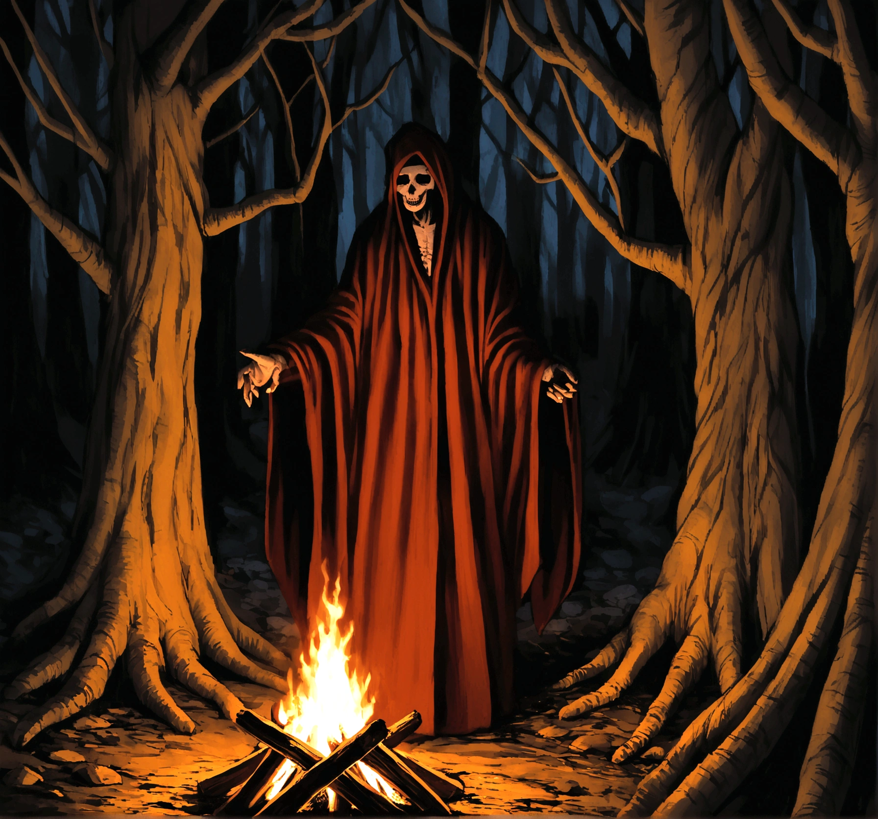 men wearing ritualistic robes around a bonfire in a night forest, macabre cult, horror film photography