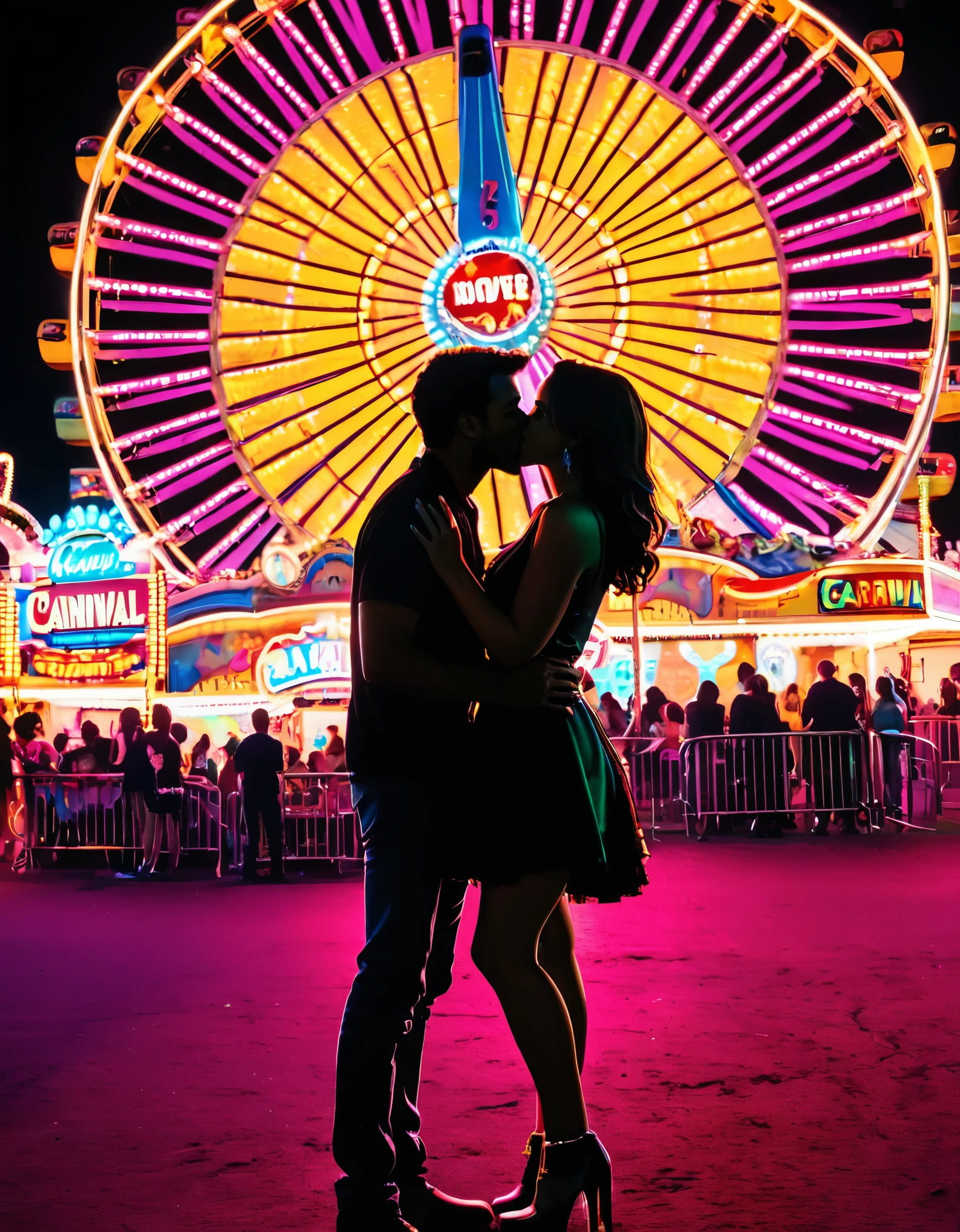 A colorful neon art piece featuring the silhouette of a couple kissing at a carnival with neon lights and rides in the background, capturing a fun and romantic atmosphere