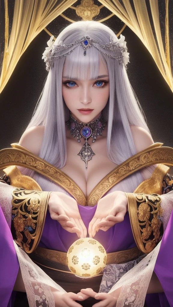 (masterpiece, top quality, 1 female, solo, exquisite details, chromatic aberration), (realistic), (skin), ((breathing)), (silver hair, blunt bangs, short straight long hair, short bangs, silver hair), beautiful hair, red headdress, blue highlights, hair over one eye, pretty eyes, purple eyes, thick lips, earrings, piercing eyes, ((gold and white kimono)), ((symmetrical eyes)), ((perfectly symmetrical body)), ((perfectly symmetrical hands)), (purerosface_v1:0.3), night, ((self, natural light))), bright lighting, flowers blooming in the background, in front of the viewer, ((central shot, from the front, (face and shoulders))), mysterious atmosphere, flowers blooming around, light colored background, fortune teller in kimono, beautiful fortune teller, fortune teller, fantasy female fortune teller, female fortune teller, f Fantasy photography, magician, witch fairy tale, Japanese style, elegant cinematic fantasy art, fantasy woman, sorceress portrait, casting spells, fortune teller, powerful wizard stands among mystical colorful flowers, fluttering robes adorned with symbols, holding a glowing heart crystal ball, eyes glowing with mystical energy, spells leaking from his mouth, vivid swirling patterns of black magic pulsating with iridescent hues appear in the air, magic permeates, flowers bloom, sacred creatures gaze in awe, threads of magical energy dance, revealing hidden realms, unravelling secrets, capturing the essence of this enchanting moment and bringing to life the mystical power of witchcraft on a canvas of the highest quality and finest detail. Top Quality, Masterpiece, Ultra High Resolution, (Photorealistic: 1.4), RAW Photo, Sharp Focus, High Resolution, Detailed Skin.