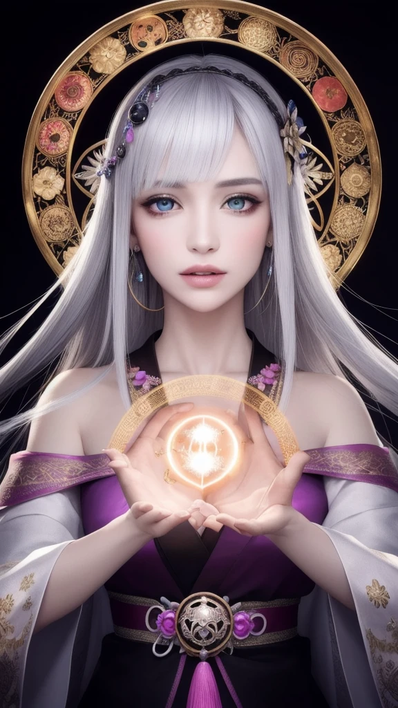 (masterpiece, top quality, 1 female, solo, exquisite details, chromatic aberration), (realistic), (skin), ((breathing)), (silver hair, blunt bangs, short straight long hair, short bangs, silver hair), beautiful hair, red headdress, blue highlights, hair over one eye, pretty eyes, purple eyes, thick lips, earrings, piercing eyes, ((gold and white kimono)), ((symmetrical eyes)), ((perfectly symmetrical body)), ((perfectly symmetrical hands)), (purerosface_v1:0.3), night, ((self, natural light))), bright lighting, flowers blooming in the background, in front of the viewer, ((central shot, from the front, (face and shoulders))), mysterious atmosphere, flowers blooming around, light colored background, fortune teller in kimono, beautiful fortune teller, fortune teller, fantasy female fortune teller, female fortune teller, f Fantasy photography, magician, witch fairy tale, Japanese style, elegant cinematic fantasy art, fantasy woman, sorceress portrait, casting spells, fortune teller, powerful wizard stands among mystical colorful flowers, fluttering robes adorned with symbols, holding a glowing heart crystal ball, eyes glowing with mystical energy, spells leaking from his mouth, vivid swirling patterns of black magic pulsating with iridescent hues appear in the air, magic permeates, flowers bloom, sacred creatures gaze in awe, threads of magical energy dance, revealing hidden realms, unravelling secrets, capturing the essence of this enchanting moment and bringing to life the mystical power of witchcraft on a canvas of the highest quality and finest detail. Top Quality, Masterpiece, Ultra High Resolution, (Photorealistic: 1.4), RAW Photo, Sharp Focus, High Resolution, Detailed Skin.