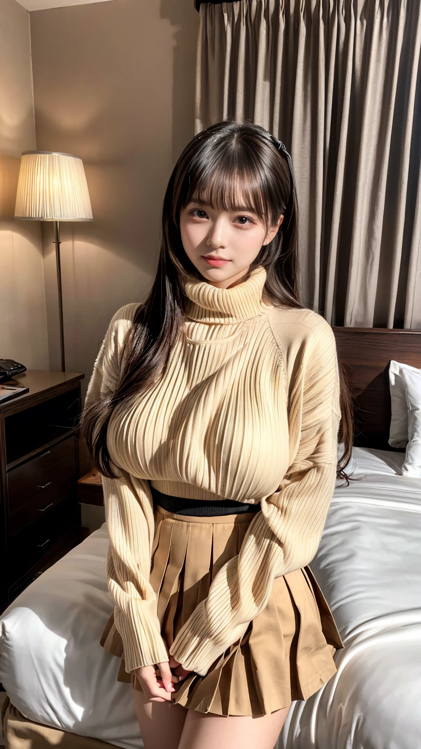 (8K, RAW Photos, Highest quality, masterpiece:1.2), (professional photography, full colors, studio-caliber color grading), (Gravure quality for high-end fashion magazines), BREAK,18 year old girl, (boyish:1.15), (mannish:1.1), Big Natural Color Lip, (Plumpy body:1.2 (smooth skin:1.1 (huge breasts:1.0 BREAK, Oversized turtleneck light beige sweater, Black pleated skirt, BREAK, hotel room, cute type, ta