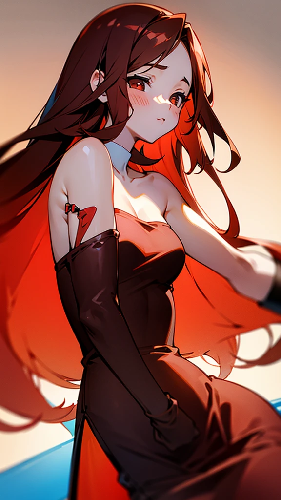 Brown red gradient long hair,childlike woman,Sexy,lure,tube top dress