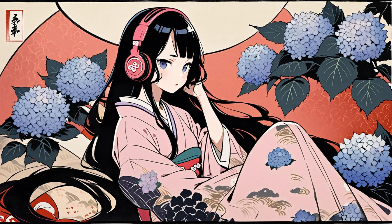 Highest quality, Katsushika Hokusai, Ink Painting, (((very straight longhair))), (((hydrangea))), (((Pale pink kimono))), Japanese style headphones, beautiful girl, Black Hair, Delicate and precise, Modern ukiyo-e style