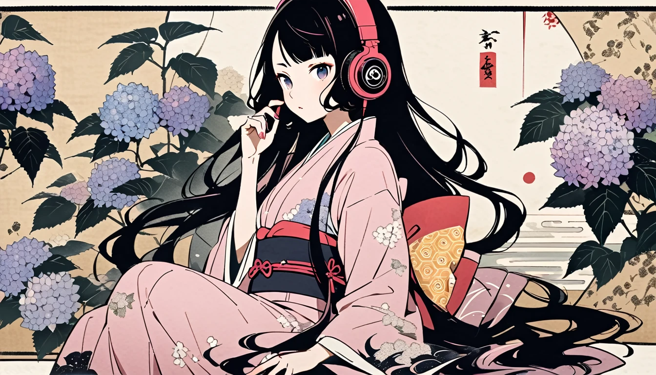 Highest quality, Katsushika Hokusai, Ink Painting, (((very straight longhair))), (((hydrangea))), (((Pale pink kimono))), Japanese style headphones, beautiful girl, Black Hair, Delicate and precise, Modern ukiyo-e style