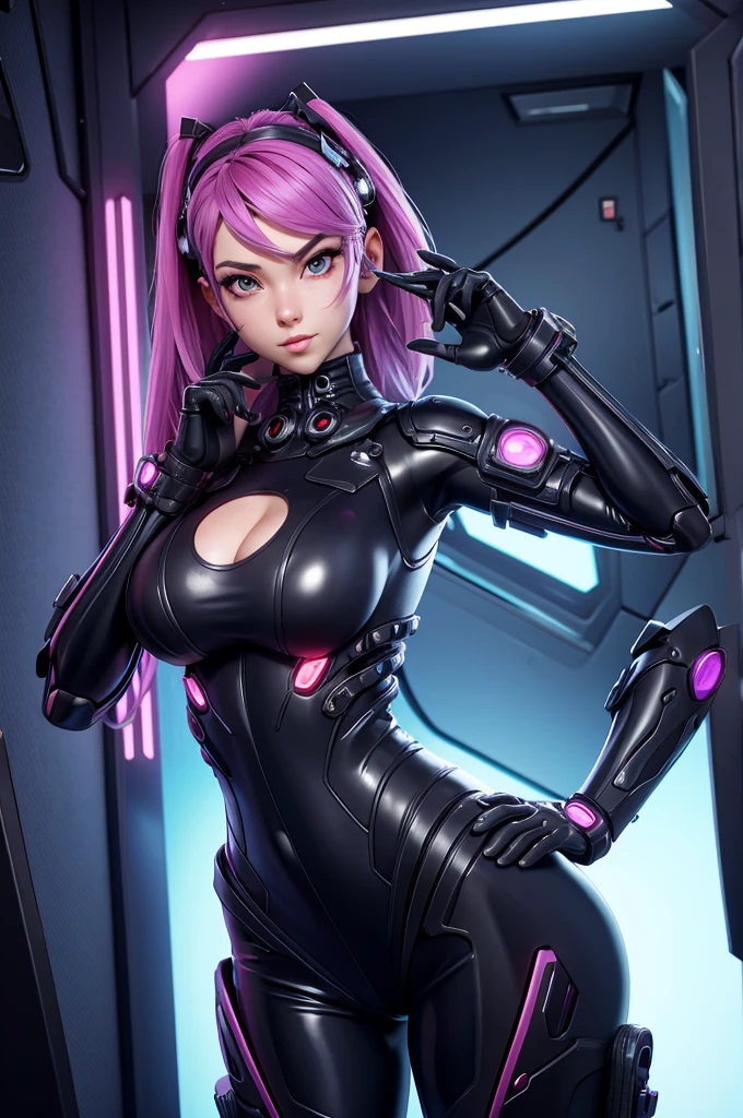 Mulher Robo Mecha, Peitos a mostra NSFW, Aureolas pequenas, Peito pequeno, exoesqueleto, Lights and Futuristic Scenery without top clothes