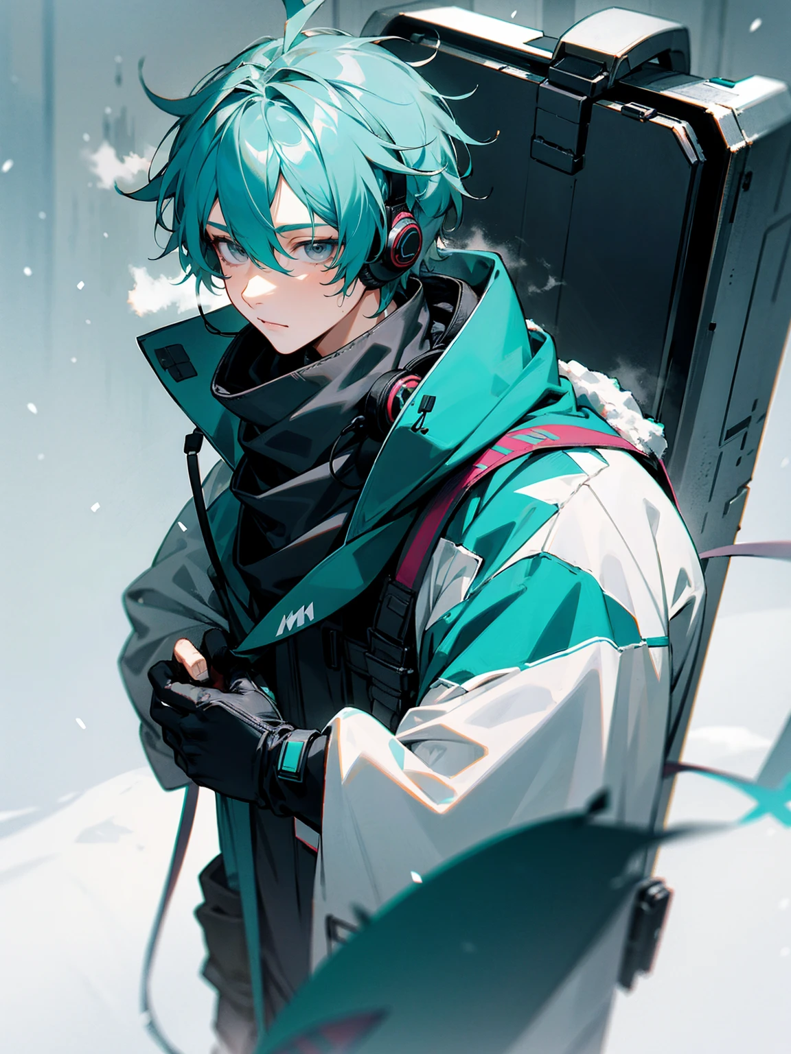 1male, adult, grey eyes, goggles, teal hair, messy hair, scarf, headphones, techwear, snow