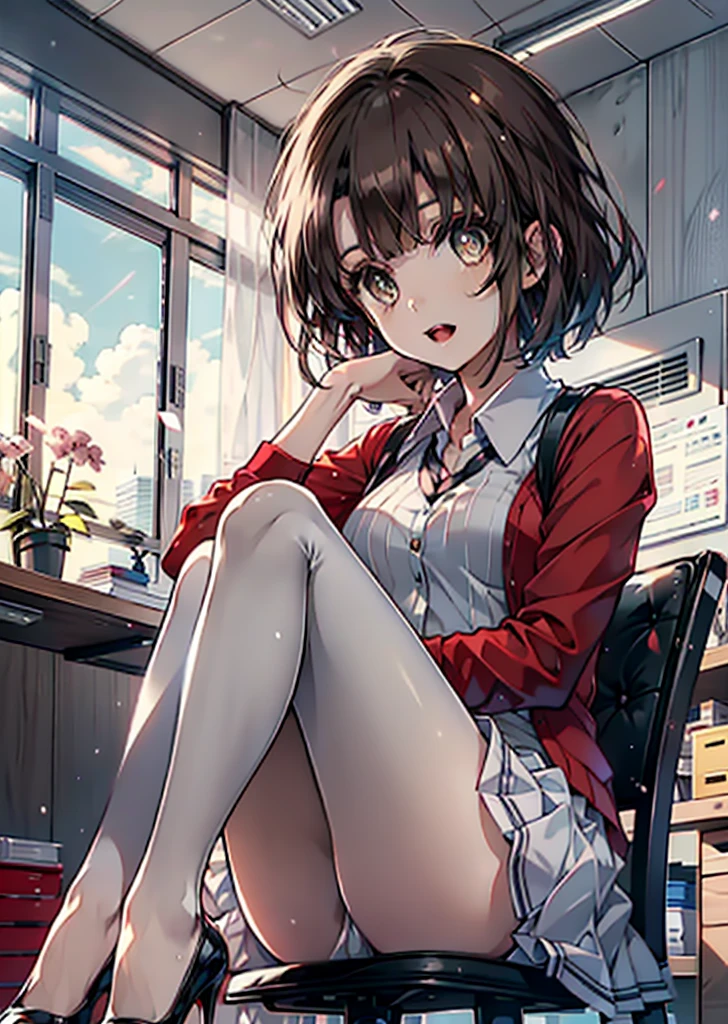 Katoumegumi, Megumi Katou, Brown Hair, short hair, (Brown eyes:1.5),happy smile, smile, Open your mouth, Red Tank Top Shirt,White long skirt,Black pantyhose,Stiletto heels,Open your mouth,sitting cross-legged on a chair,There is a computer and food on the table,interior,whole bodyがイラストに入るように,
break looking at viewer,whole body,
break indoors, office,
break (masterpiece:1.2), Highest quality, High resolution, unity 8k wallpaper, (shape:0.8), (Beautiful and beautiful eyes:1.6), Highly detailed face, Perfect lighting, Extremely detailed CG, (Perfect hands, Perfect Anatomy),