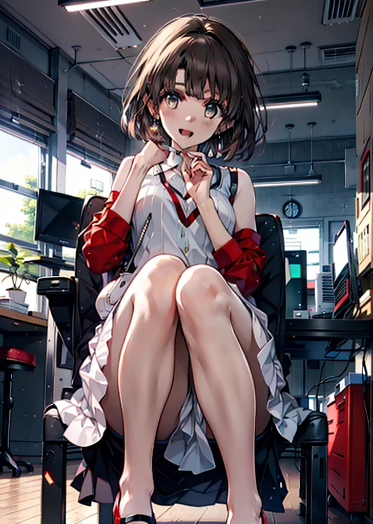 Katoumegumi, Megumi Katou, Brown Hair, short hair, (Brown eyes:1.5),happy smile, smile, Open your mouth, Red Tank Top Shirt,White long skirt,Black pantyhose,Stiletto heels,Open your mouth,sitting cross-legged on a chair,There is a computer and food on the table,interior,whole bodyがイラストに入るように,
break looking at viewer,whole body,
break indoors, office,
break (masterpiece:1.2), Highest quality, High resolution, unity 8k wallpaper, (shape:0.8), (Beautiful and beautiful eyes:1.6), Highly detailed face, Perfect lighting, Extremely detailed CG, (Perfect hands, Perfect Anatomy),