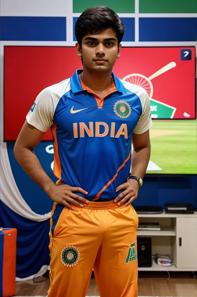 create a realistic image of 18 year old boy watching India vs Pakistan T20 world Cup on big screen in a decorated room, boy wearing indian Team jersey on which Name "Gaurav kumar 18" is written boldly, create high quality image