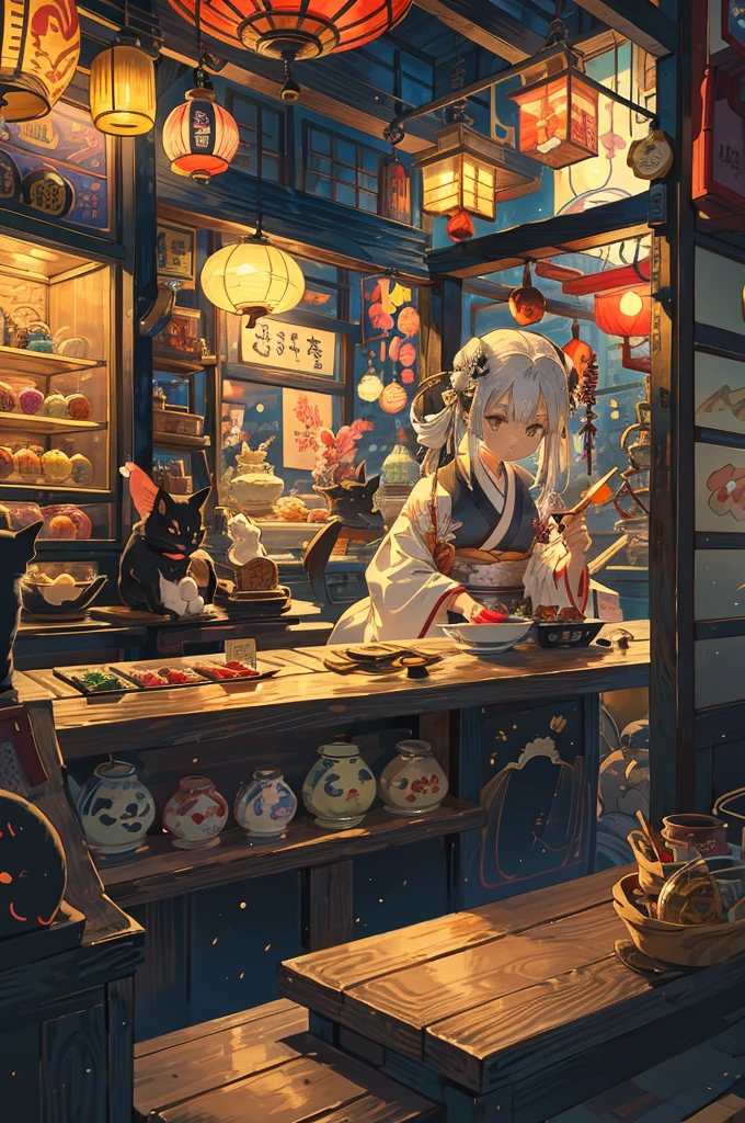 "An illustration of a traditional Japanese candy shop. A kindly old woman with a white bun and colorful kimono sits behind the counter, with a black cat sitting next to her. The shop is filled with various colorful candies in jars and traditional Japanese decorations. The atmosphere is warm and inviting."