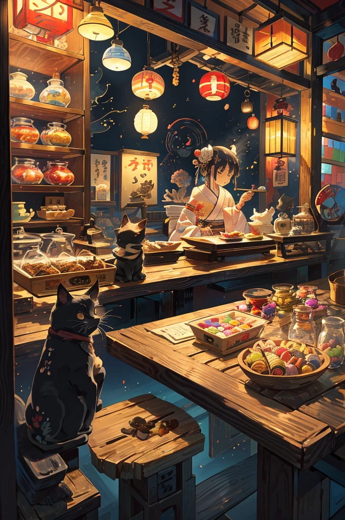 "An illustration of a traditional Japanese candy shop. A kindly old woman with a white bun and colorful kimono sits behind the counter, with a black cat sitting next to her. The shop is filled with various colorful candies in jars and traditional Japanese decorations. The atmosphere is warm and inviting."