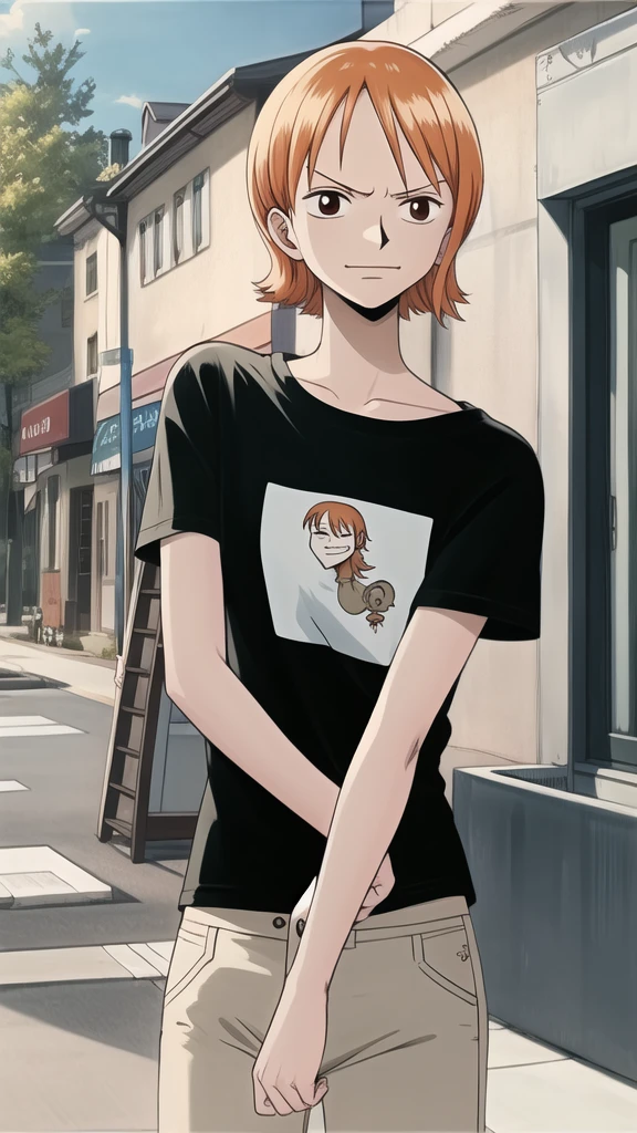 (masterpiece),naminami,carrying under arm,t-shirt,smug expression, conceited, self-satisfied, arrogant