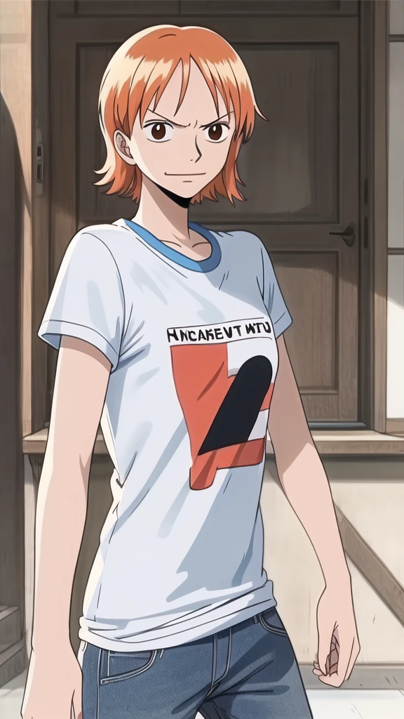 (masterpiece),naminami,carrying under arm,t-shirt,smug expression, conceited, self-satisfied, arrogant