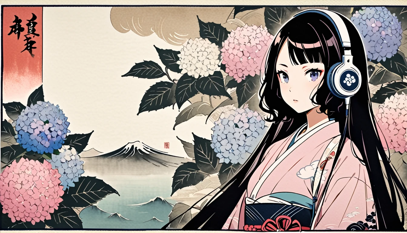 Highest quality, Katsushika Hokusai, Ink Painting, (((very straight longhair))), (((hydrangea))), (((Pale pink kimono))), Japanese style headphones, beautiful girl, Black Hair, Delicate and precise, Modern ukiyo-e style